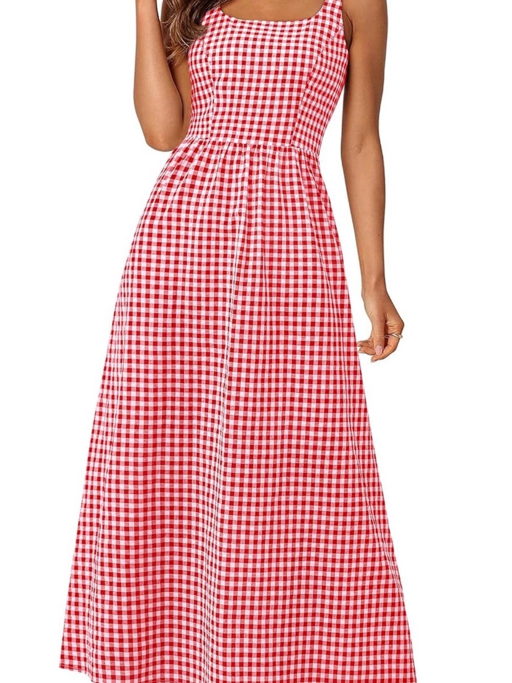 Red Gingham Maxi Dress with Square Neckline